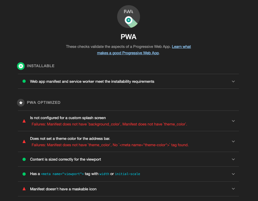 Lighthouse report A lighthouse report showing the performance of a PWA