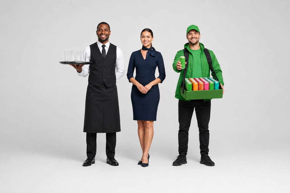 Service staff for trade fairs and events: a waiter, trade fair host and promotional staff